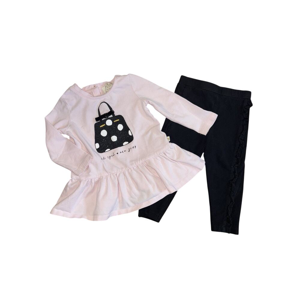 Kate Spade Pink Black Baby Girl’s Outfit 12M Polka Dot Purse Bow Sparkle